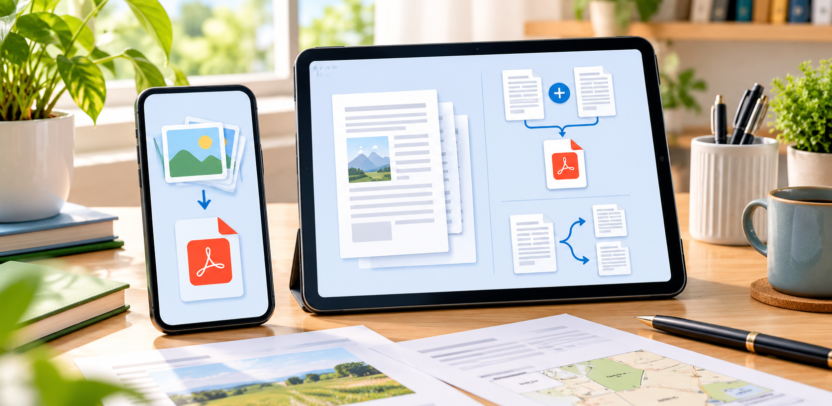 मोबाइल पर PDF दस्तावेज़ जोड़ने, अलग करने और फ़ोटो से PDF बनाने का प्रतीकात्मक दृश्य