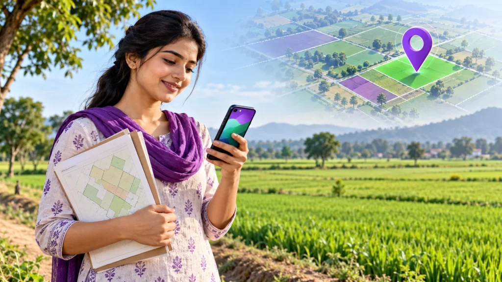 Bright editorial illustration of a woman checking land records by a green field; conceptual artwork for Bhulekh Sathi guide