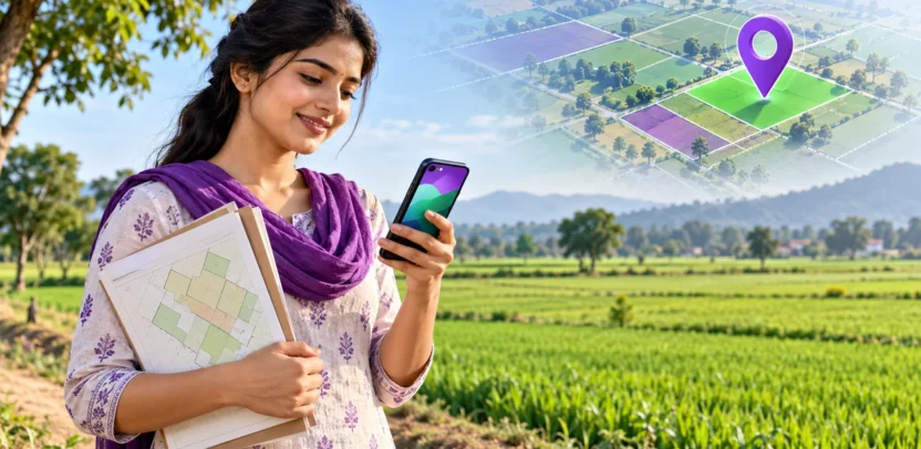 Bright editorial illustration of a woman checking land records by a green field; conceptual artwork for Bhulekh Sathi guide