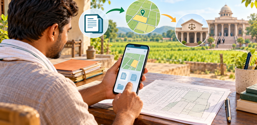 Farmer viewing symbolic land-record map and court-service icons on a phone