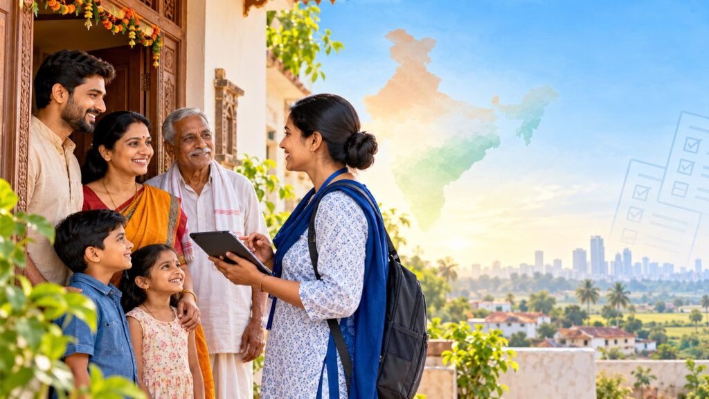 उत्तर प्रदेश जनगणना 2027 में परिवार से जानकारी लेते गणनाकर्मी का चित्र