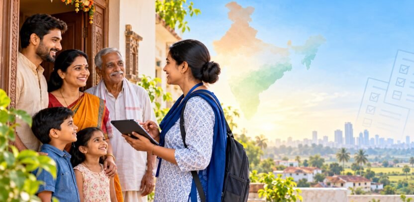 उत्तर प्रदेश जनगणना 2027 में परिवार से जानकारी लेते गणनाकर्मी का चित्र