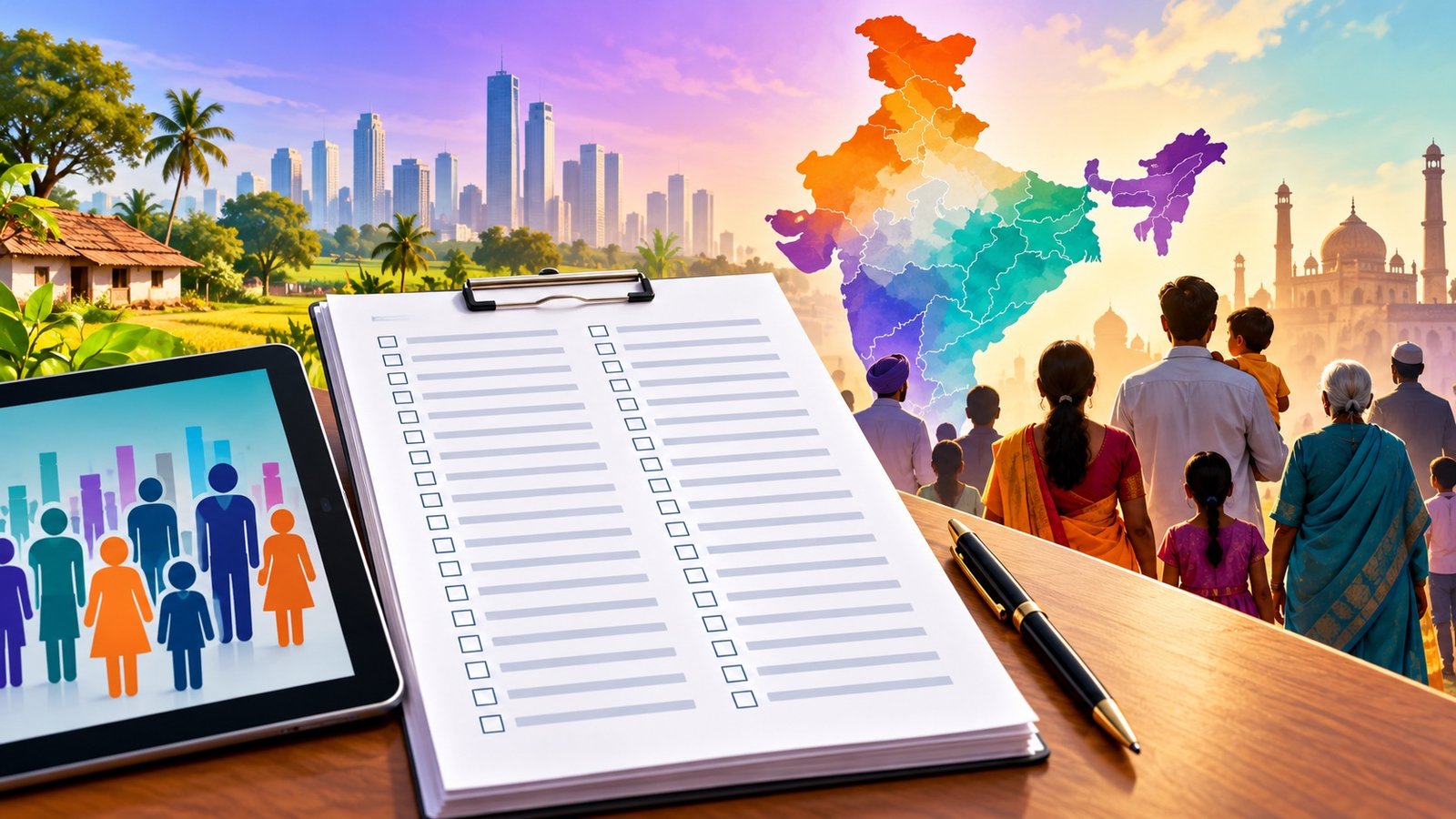 जनगणना 2027 के 40 प्रश्नों के विषय समझाते हुए परिवार का प्रतीकात्मक चित्र