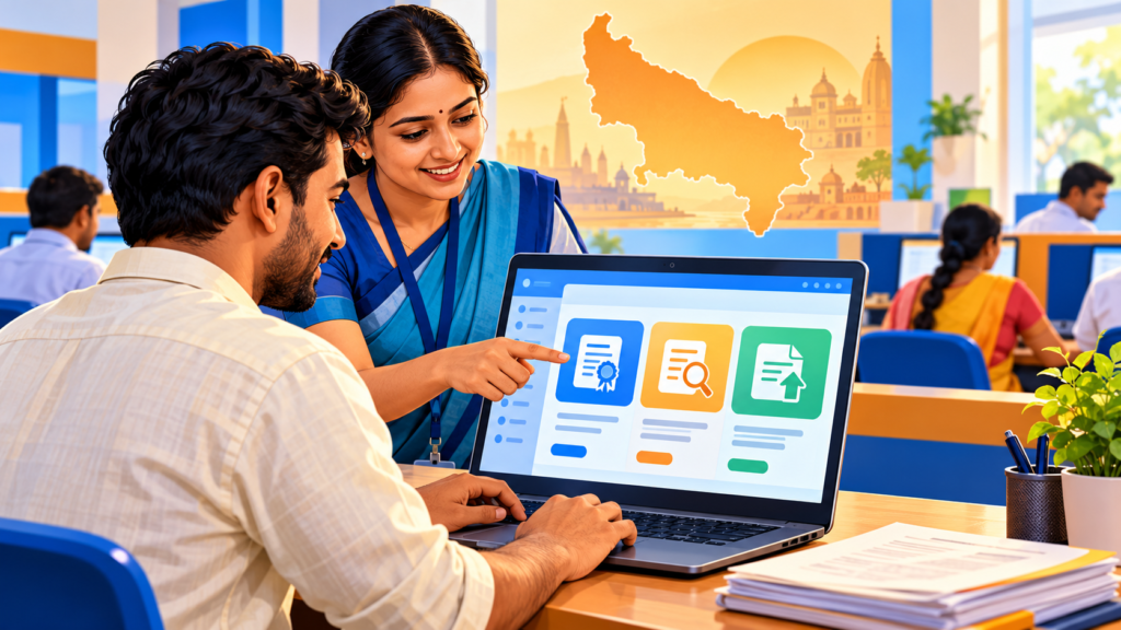 ई-डिस्ट्रिक्ट यूपी पोर्टल पर प्रमाणपत्र आवेदन और स्थिति जाँचते नागरिक का मूल चित्र