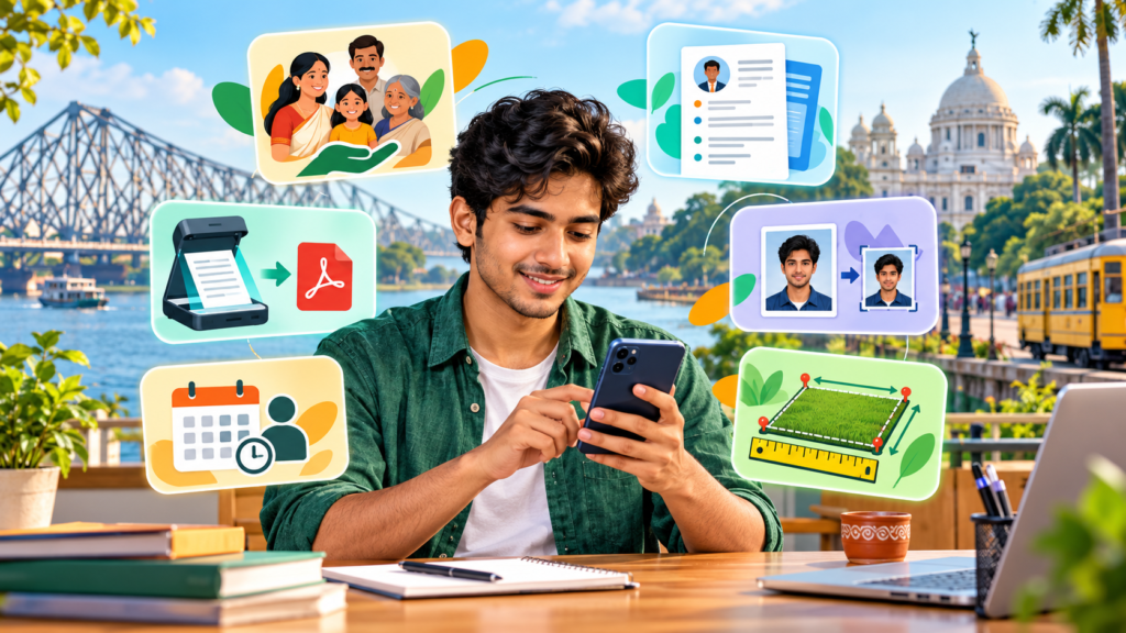 Conceptual illustration of a citizen viewing West Bengal scheme information on a smartphone