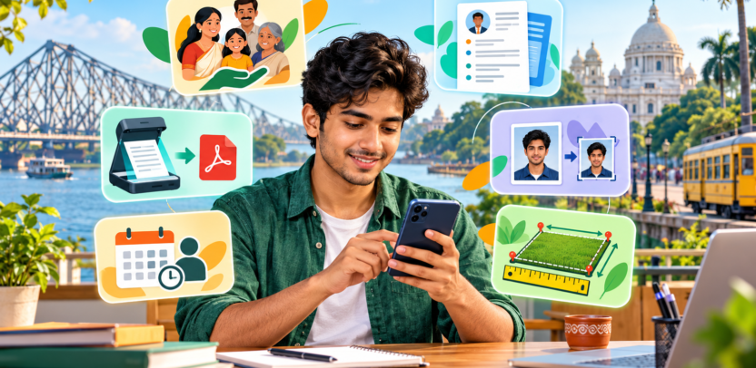 Conceptual illustration of a citizen viewing West Bengal scheme information on a smartphone