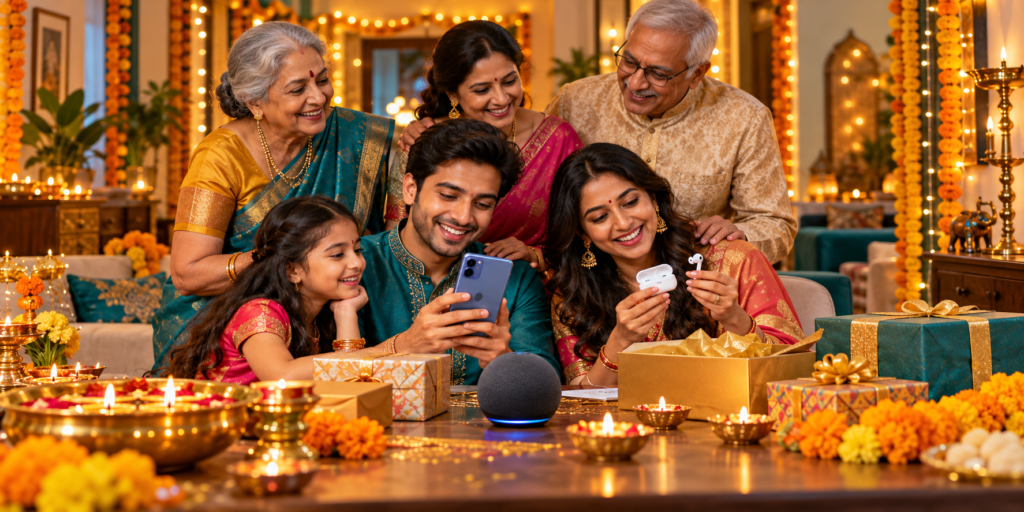 Indian family with festive diya lights choosing useful tech gifts for Diwali