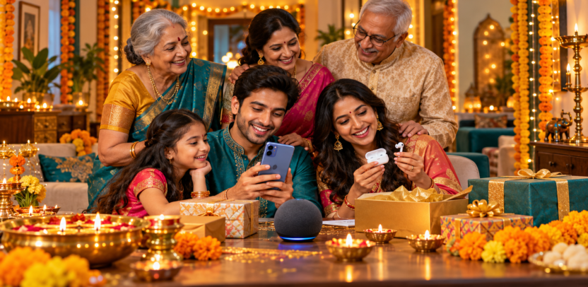 Indian family with festive diya lights choosing useful tech gifts for Diwali