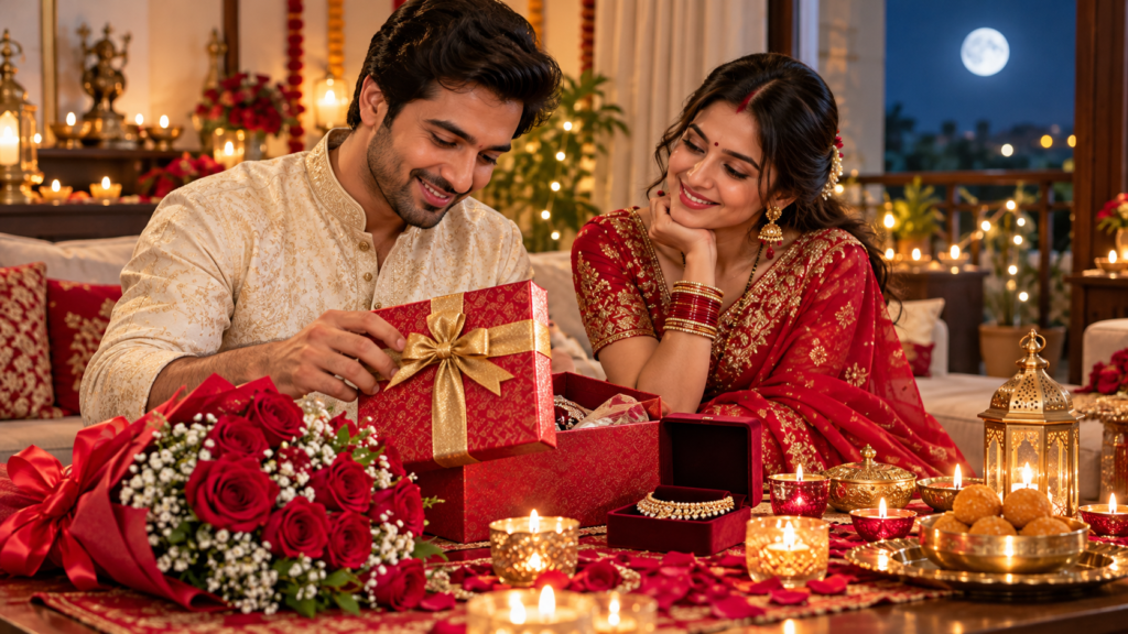 A husband gives his wife a thoughtful Karwa Chauth gift with flowers and festive lights