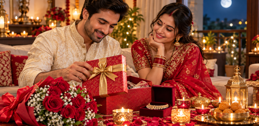A husband gives his wife a thoughtful Karwa Chauth gift with flowers and festive lights