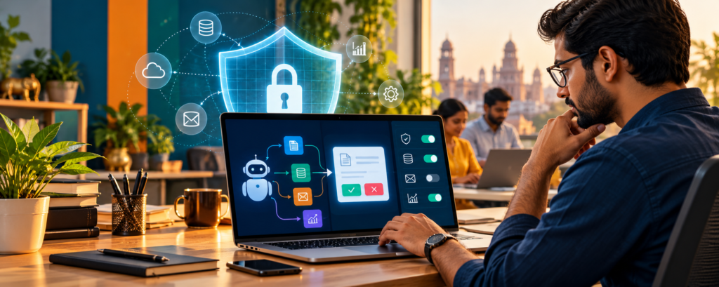 AI agent security checklist with a person reviewing tool permissions on a laptop