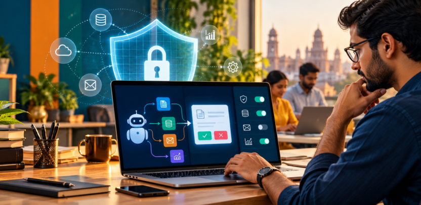 AI agent security checklist with a person reviewing tool permissions on a laptop