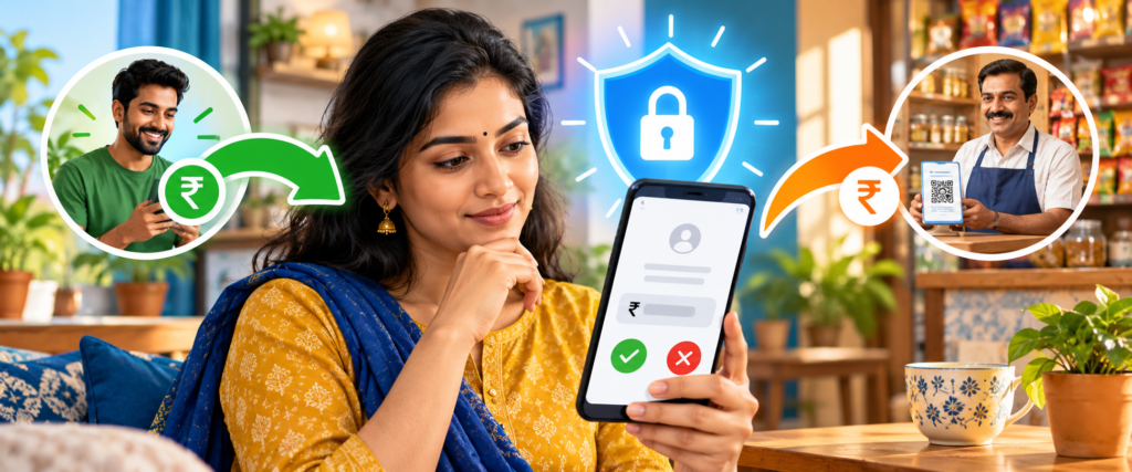UPI QR payment safety illustration with a user checking the transaction on a phone