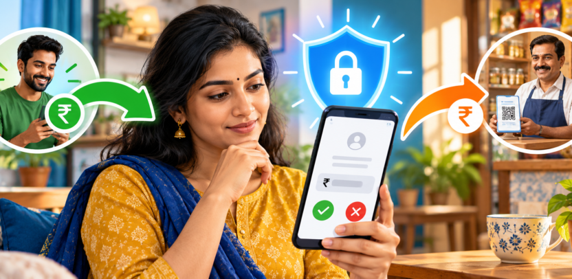 UPI QR payment safety illustration with a user checking the transaction on a phone