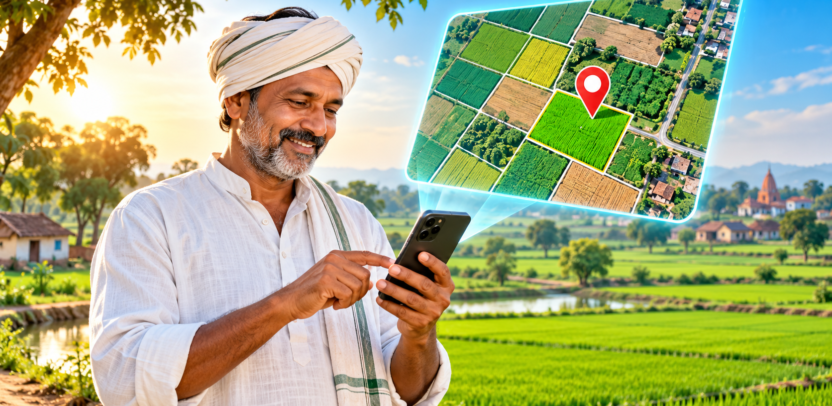 किसान मोबाइल पर UP Bhulekh भू-नक्शा और खेत की सीमाएँ देख रहे हैं