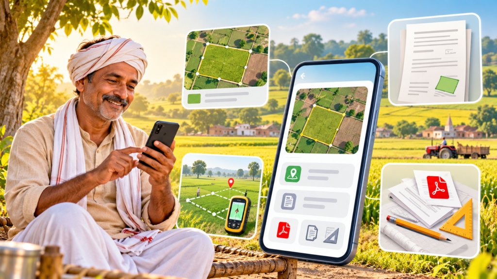 UP Land Info Pro app guide showing a farmer checking digital land records and a map on a smartphone