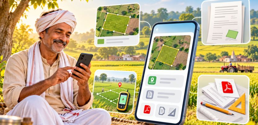 UP Land Info Pro app guide showing a farmer checking digital land records and a map on a smartphone