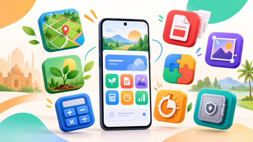 Colorful smartphone surrounded by land, farming, finance, and productivity app icons