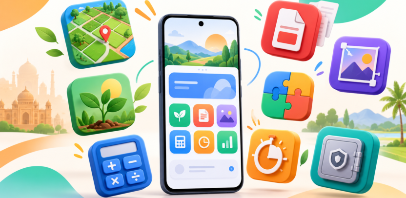 Colorful smartphone surrounded by land, farming, finance, and productivity app icons