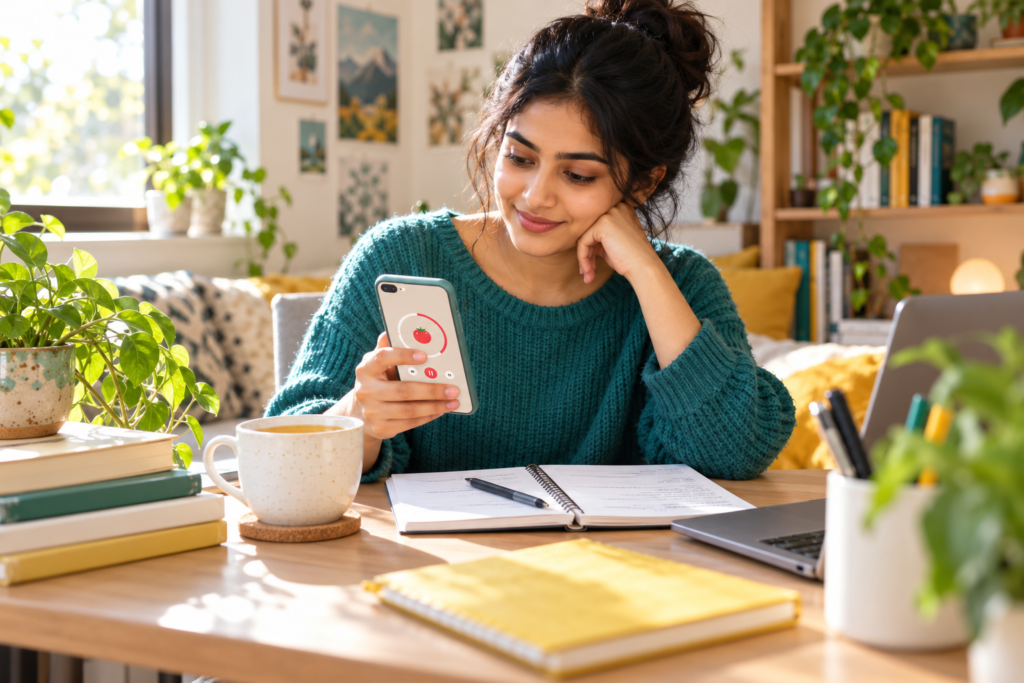 Student using a Pomodoro focus timer on a smartphone while studying at a desk