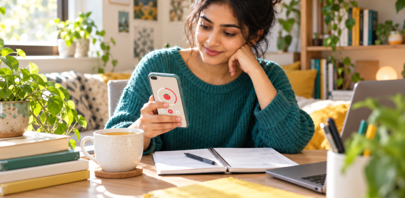 Student using a Pomodoro focus timer on a smartphone while studying at a desk