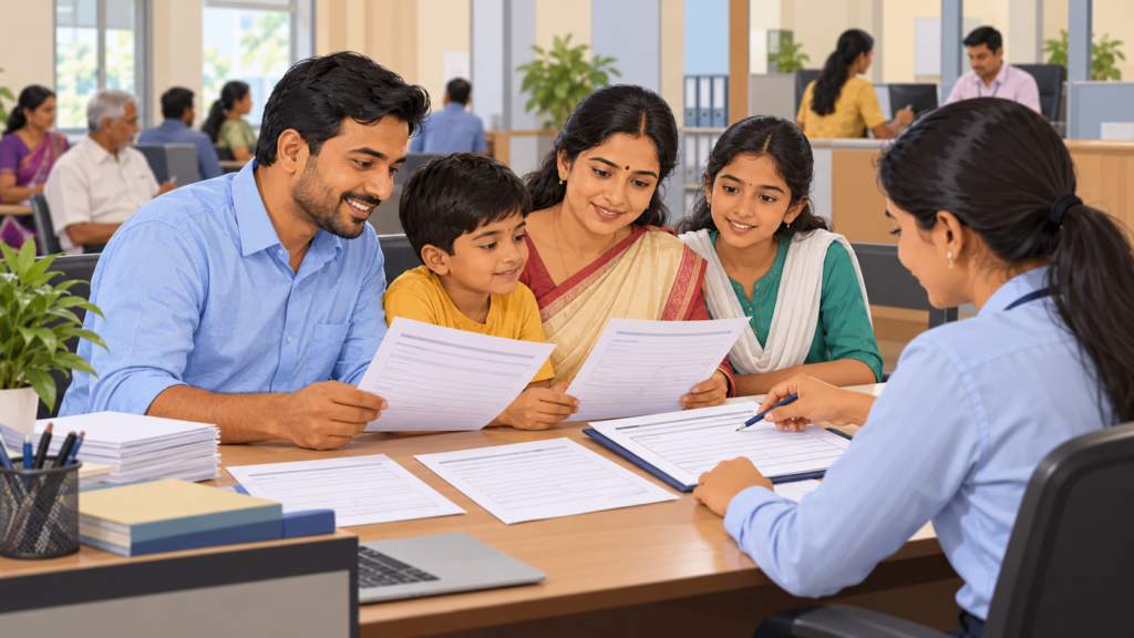 ई-डिस्ट्रिक्ट पोर्टल से परिवार रजिस्टर नकल के लिए ऑनलाइन आवेदन करते परिवार का चित्र