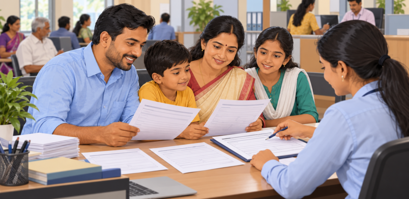 ई-डिस्ट्रिक्ट पोर्टल से परिवार रजिस्टर नकल के लिए ऑनलाइन आवेदन करते परिवार का चित्र