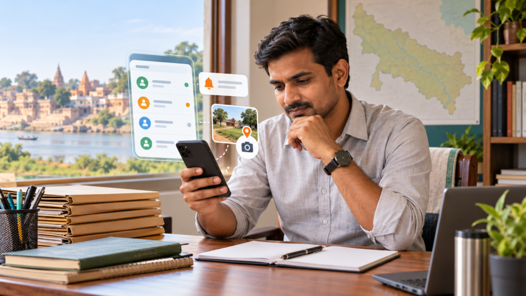 Indian revenue field officer reviewing case notes on paper register and a smartphone case diary app