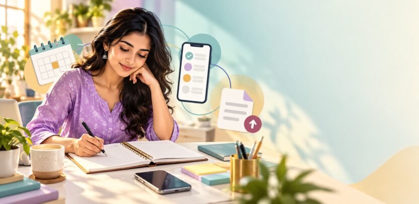 निजी शिकायत डायरी, कैलेंडर और PDF दस्तावेज़ के साथ महिला का सांकेतिक AI चित्र