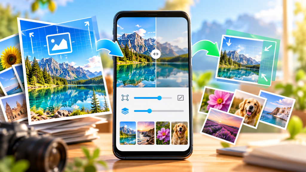 Phone screen showing a photo resizing and compression interface with before-and-after image previews