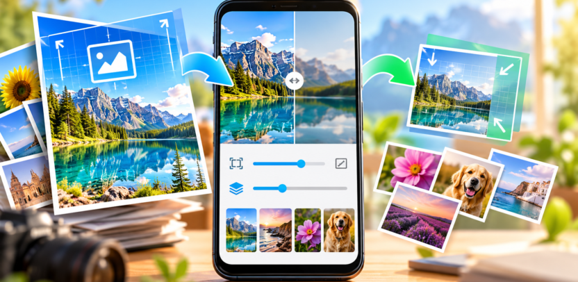 Phone screen showing a photo resizing and compression interface with before-and-after image previews