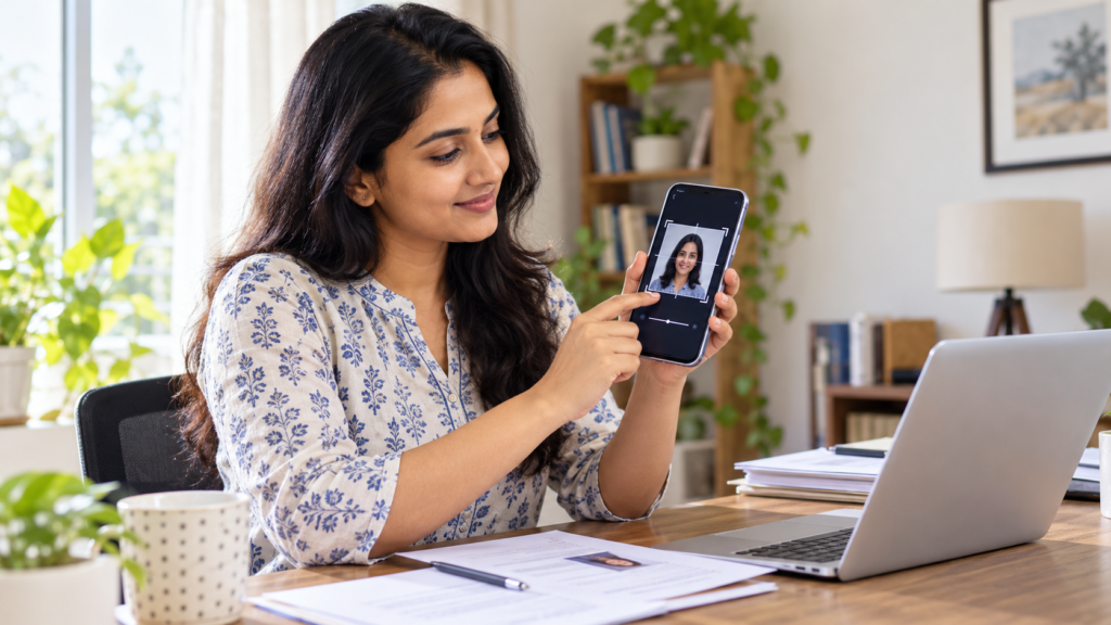 महिला मोबाइल पर ऑनलाइन फॉर्म के लिए फोटो क्रॉप और संपीड़ित करती हुई — Image Shrinker गाइड का प्रतीकात्मक चित्र