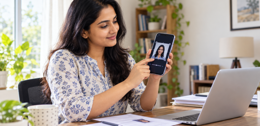 महिला मोबाइल पर ऑनलाइन फॉर्म के लिए फोटो क्रॉप और संपीड़ित करती हुई — Image Shrinker गाइड का प्रतीकात्मक चित्र