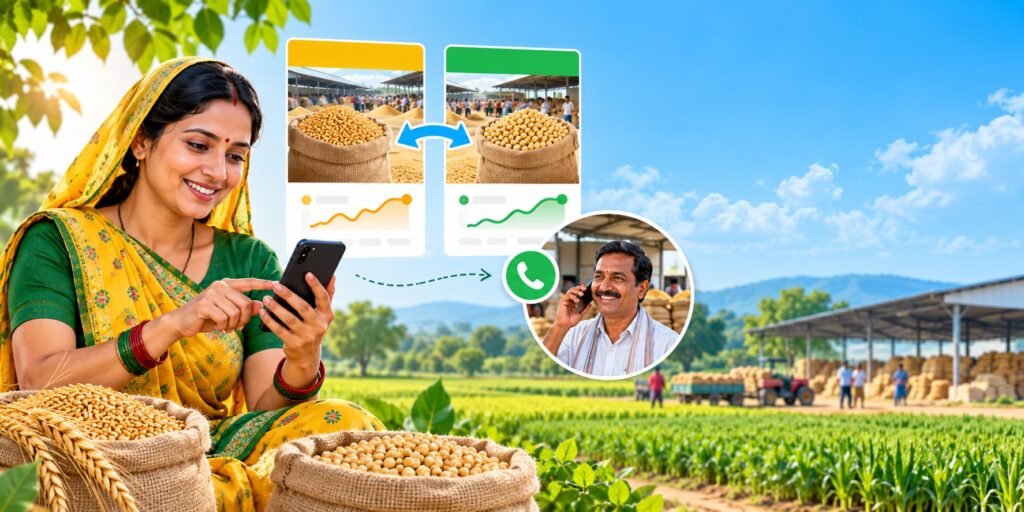 दो मंडियों की फसल कीमत की तुलना करके जानकारी की पुष्टि करती महिला किसान का सांकेतिक AI चित्र