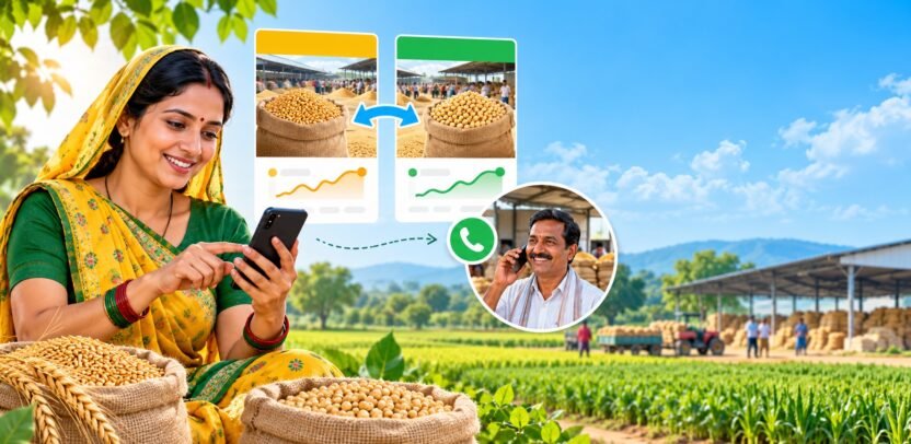 दो मंडियों की फसल कीमत की तुलना करके जानकारी की पुष्टि करती महिला किसान का सांकेतिक AI चित्र