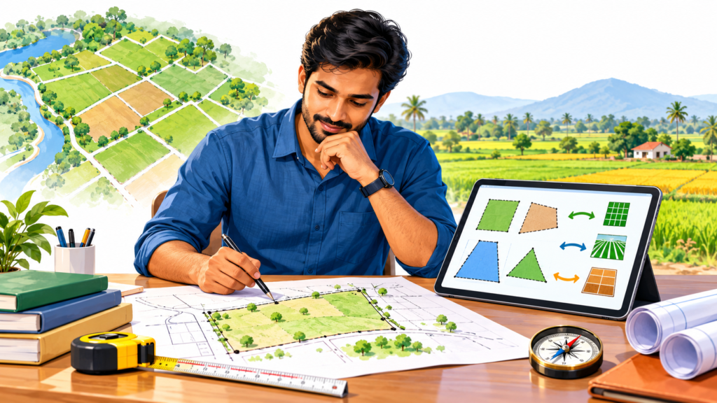 Conceptual illustration of a farmer using a land area calculator beside a field.