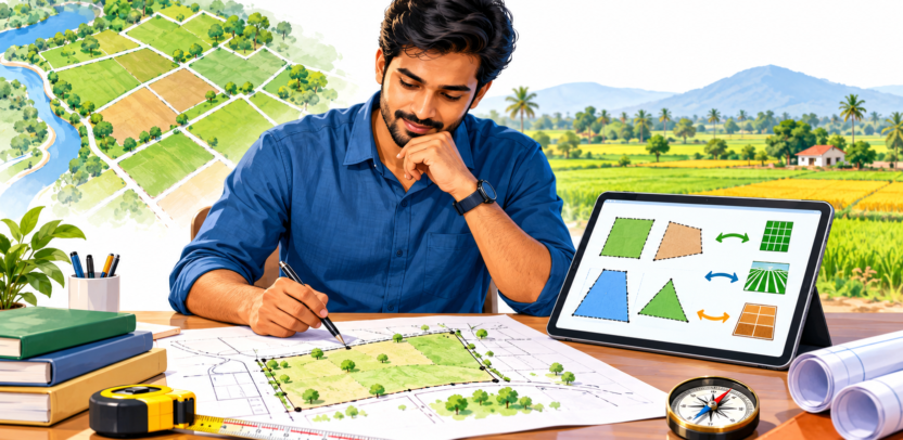 Conceptual illustration of a farmer using a land area calculator beside a field.