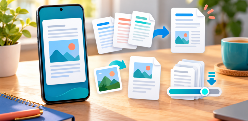 PDF Work ऐप में PDF पढ़ने, पन्ने व्यवस्थित करने और फ़ाइल का आकार घटाने का प्रतीकात्मक चित्र