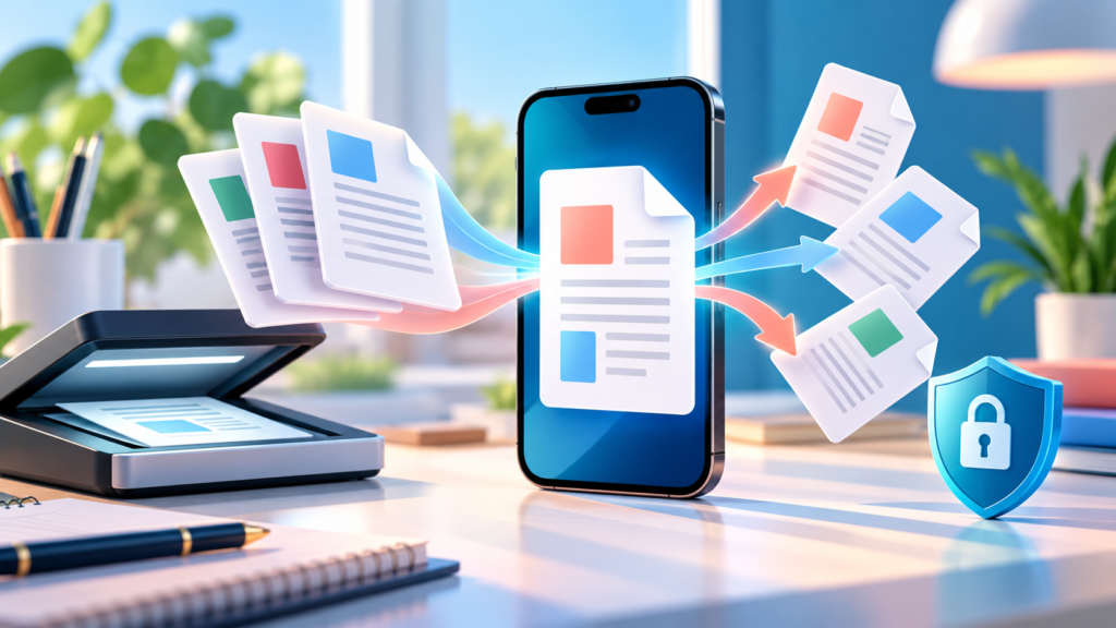 PDF Work के लिए मोबाइल पर PDF स्कैन, व्यवस्थित और सुरक्षित करने का मूल प्रतीकात्मक चित्र