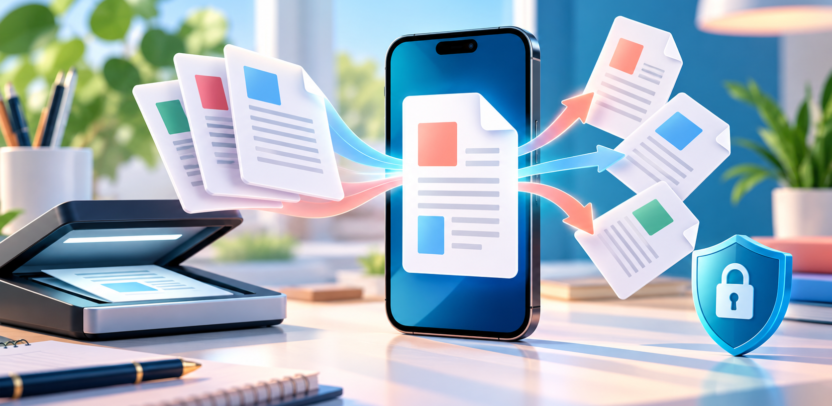 PDF Work के लिए मोबाइल पर PDF स्कैन, व्यवस्थित और सुरक्षित करने का मूल प्रतीकात्मक चित्र