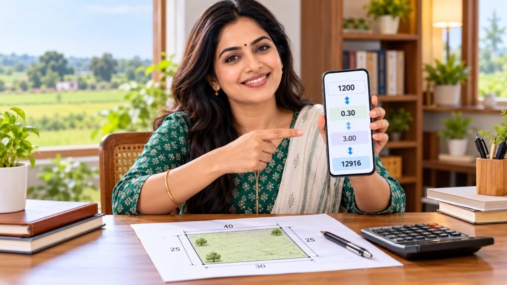महिला फोन पर जमीन की इकाई और अनुमानित क्षेत्रफल का हिसाब देखती हुई सांकेतिक AI चित्र