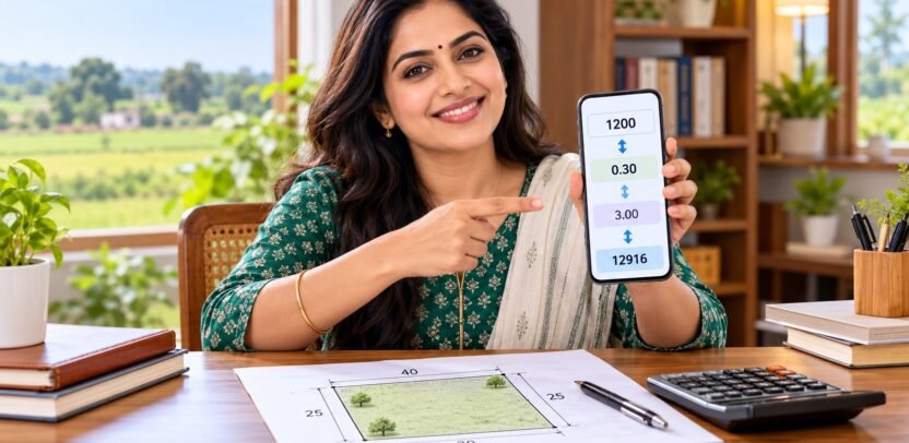 महिला फोन पर जमीन की इकाई और अनुमानित क्षेत्रफल का हिसाब देखती हुई सांकेतिक AI चित्र
