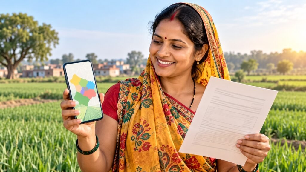 यूपी लैंड इन्फो प्रो ऐप में खतौनी, खसरा, भू-नक्शा और भूमि मापन के विकल्पों का सांकेतिक चित्र