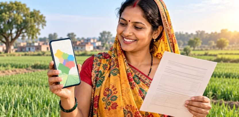 यूपी लैंड इन्फो प्रो ऐप में खतौनी, खसरा, भू-नक्शा और भूमि मापन के विकल्पों का सांकेतिक चित्र