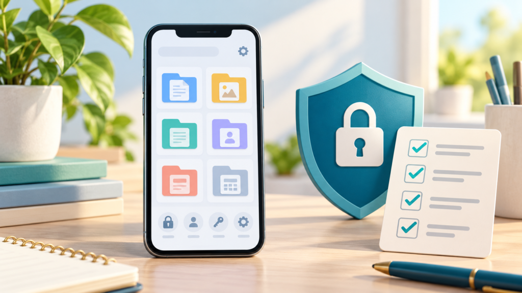 Illustration of a phone document organizer with a privacy shield and app safety checklist