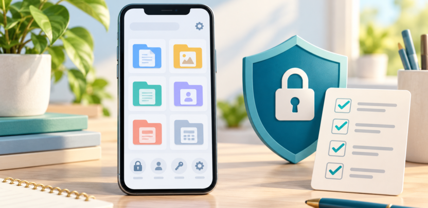 Illustration of a phone document organizer with a privacy shield and app safety checklist