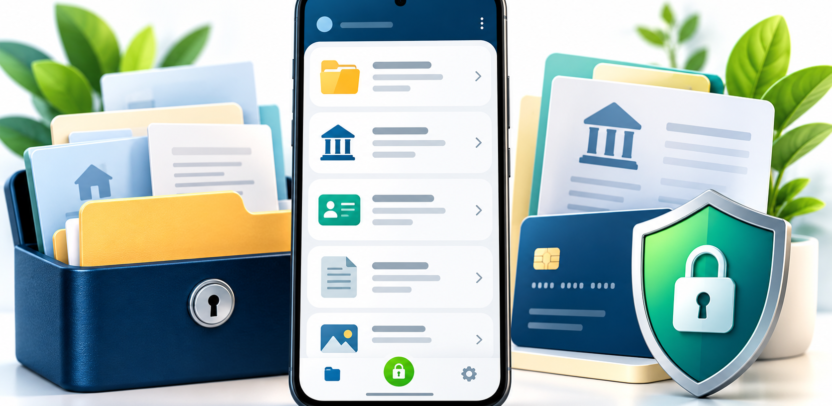 Symbolic smartphone organizer for personal documents beside a secure storage box and shield