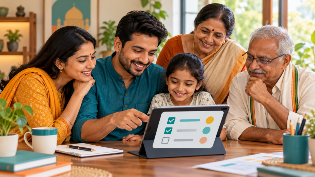 परिवार टैबलेट पर सरकारी योजना की पात्रता चेकलिस्ट देखता हुआ — मूल AI चित्र