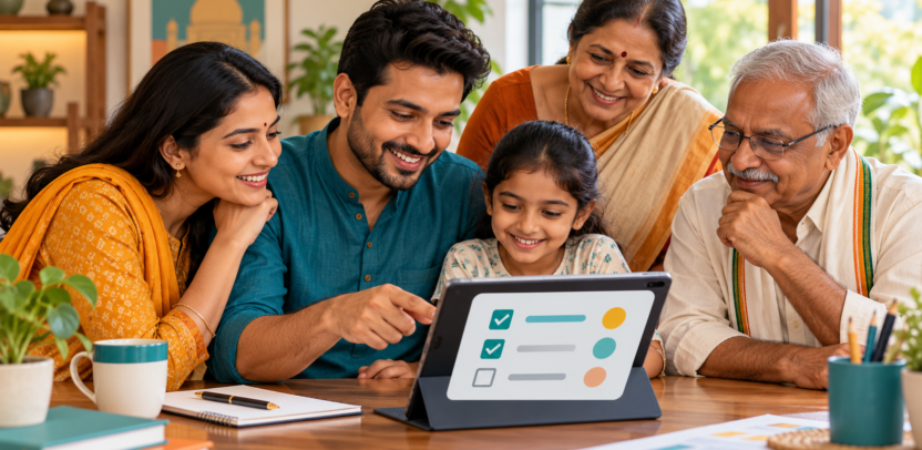 परिवार टैबलेट पर सरकारी योजना की पात्रता चेकलिस्ट देखता हुआ — मूल AI चित्र