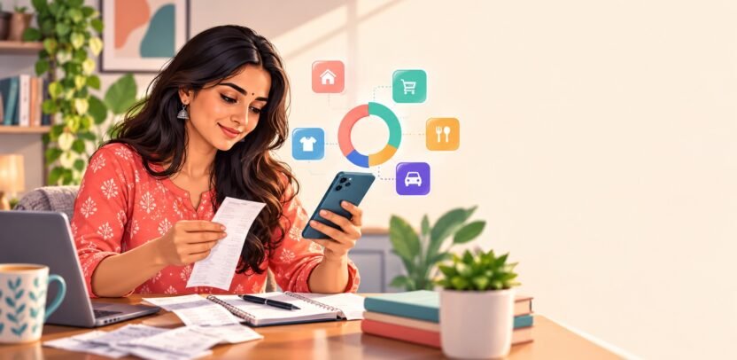 घर के खर्च की रसीद और बजट श्रेणियाँ देखते हुए महिला का सांकेतिक AI चित्र
